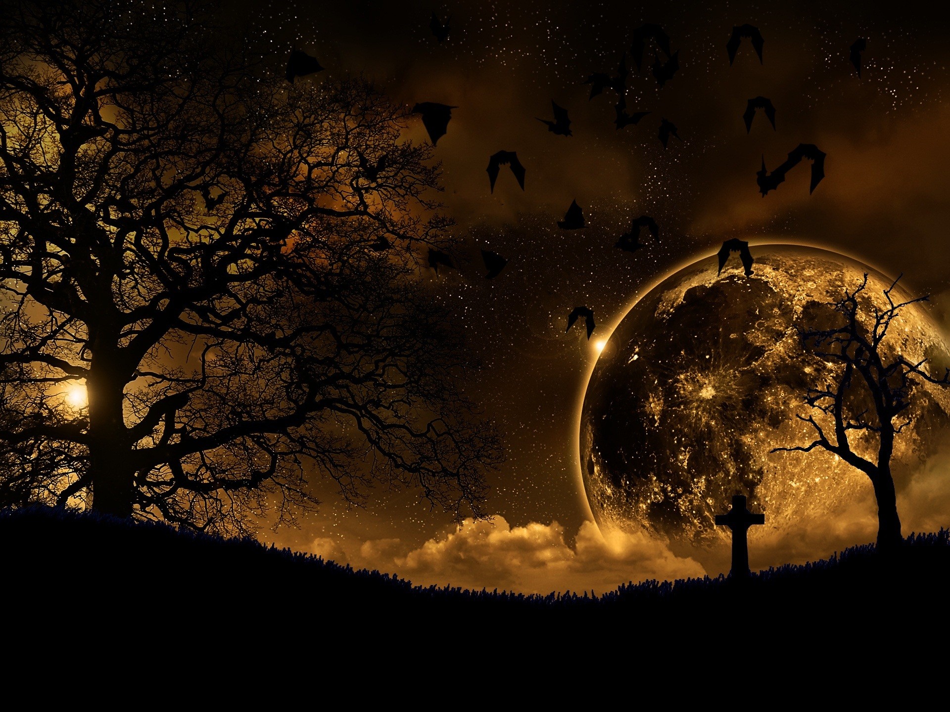 Abstract Night Moon Graveyards Bats Wallpaper