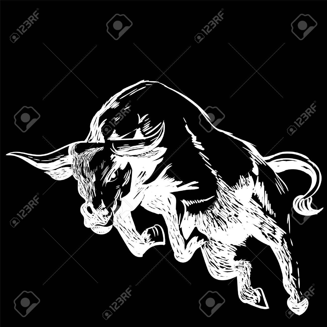 Bull Painted With A White Pen On The Black Background Royalty