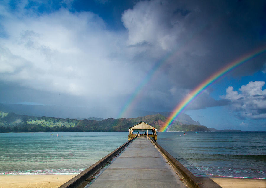 Hanalei Bay Pier And Double Rainbow Photograph By Roger