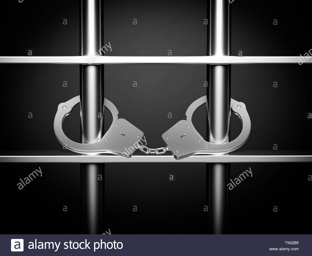 Handcuffs Closed On Prison Metal Bars Criminal Background 3d