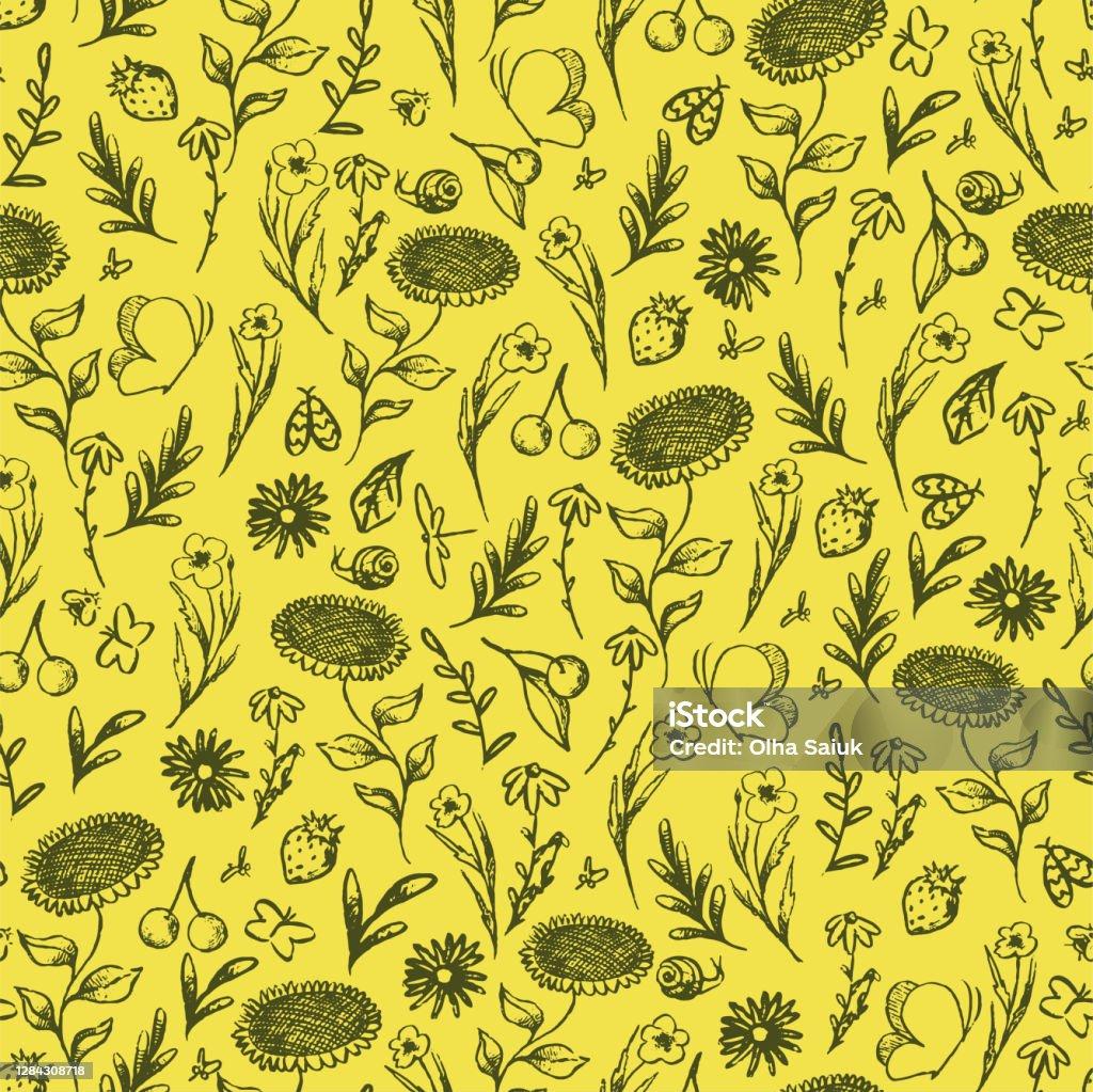 Summer Plants Doodle Hand Drawn Vector Seamless Pattern Cute