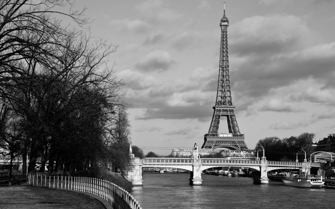Black And White Bridge Eiffel Tower France Paris River