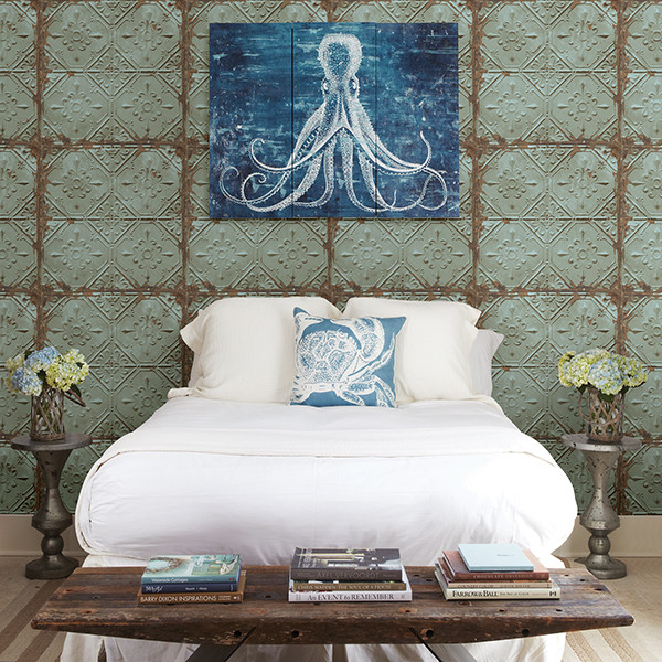 Tin Ceiling Teal Distressed Tiles Wallpaper Industrial Bedroom