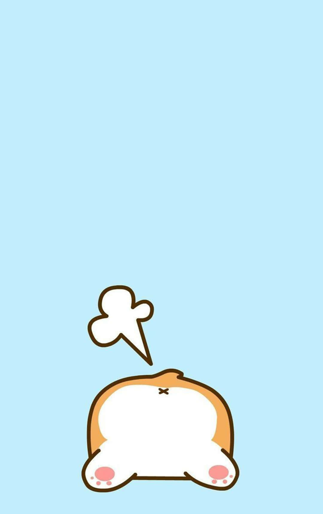 A cute cartoon corgi's rear end, facing the viewer, on a light blue background. A small, stylized puff of smoke suggests the corgi has just farted