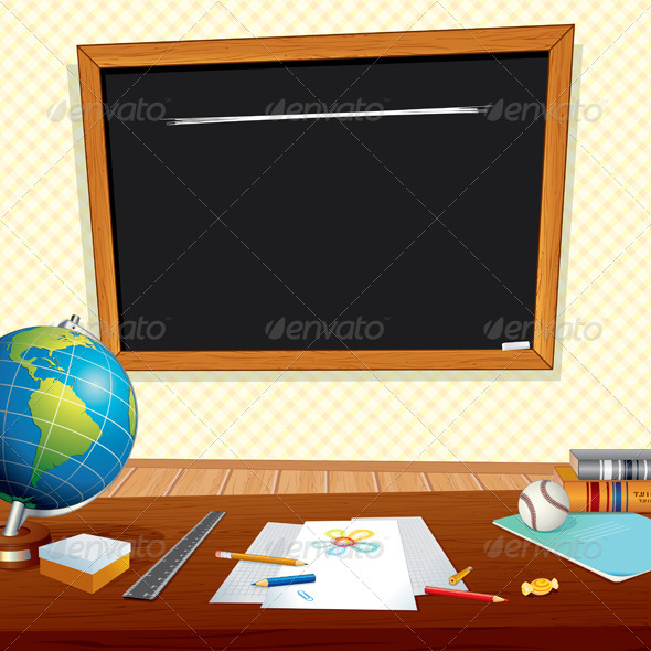 Back to School Background with Classroom Desk Chalkboard and 590x590