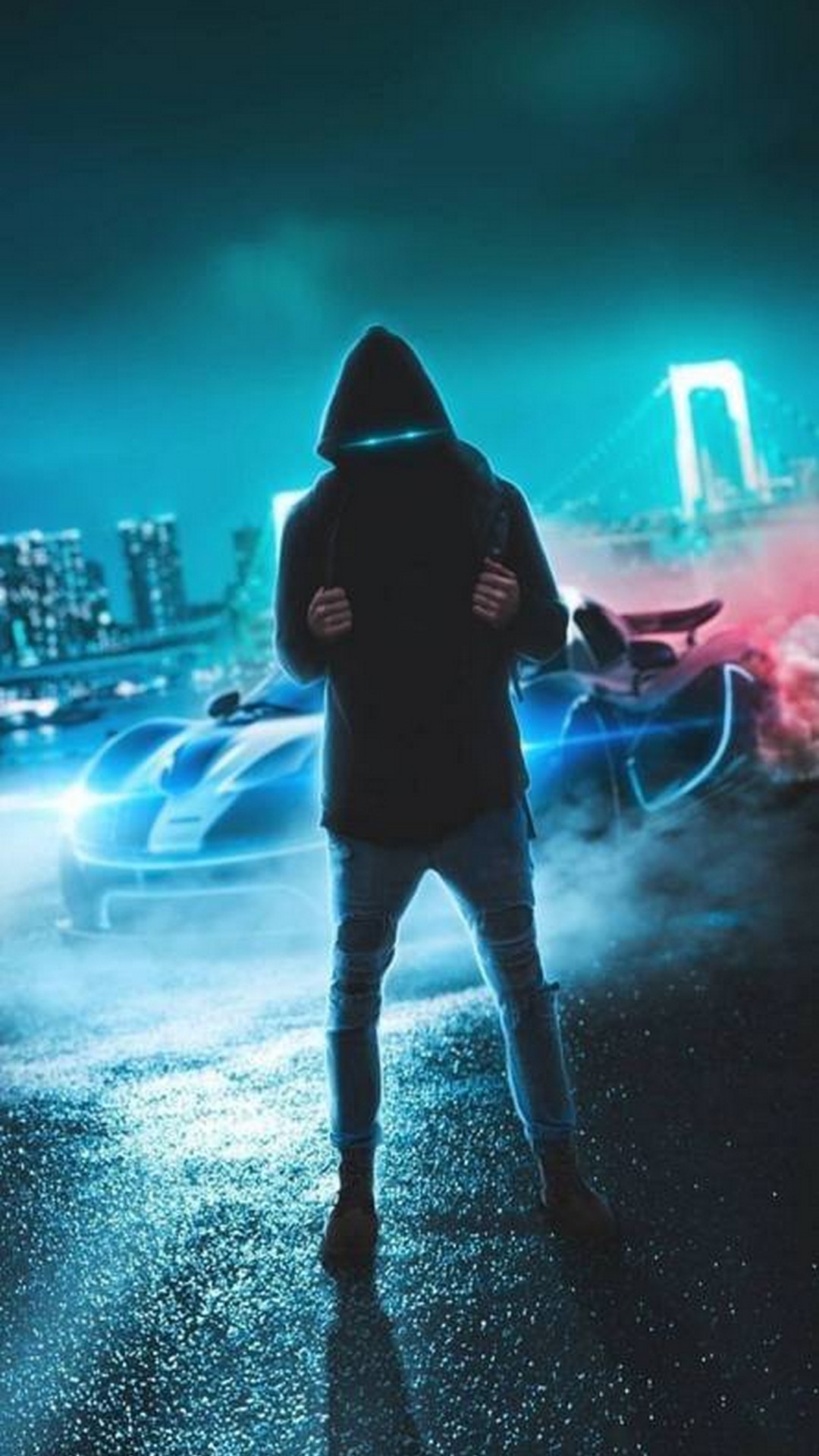 A mysterious hooded figure stands before futuristic glowing sports cars on a rain-slicked city street at night, creating a cool and edgy phone wallpaper