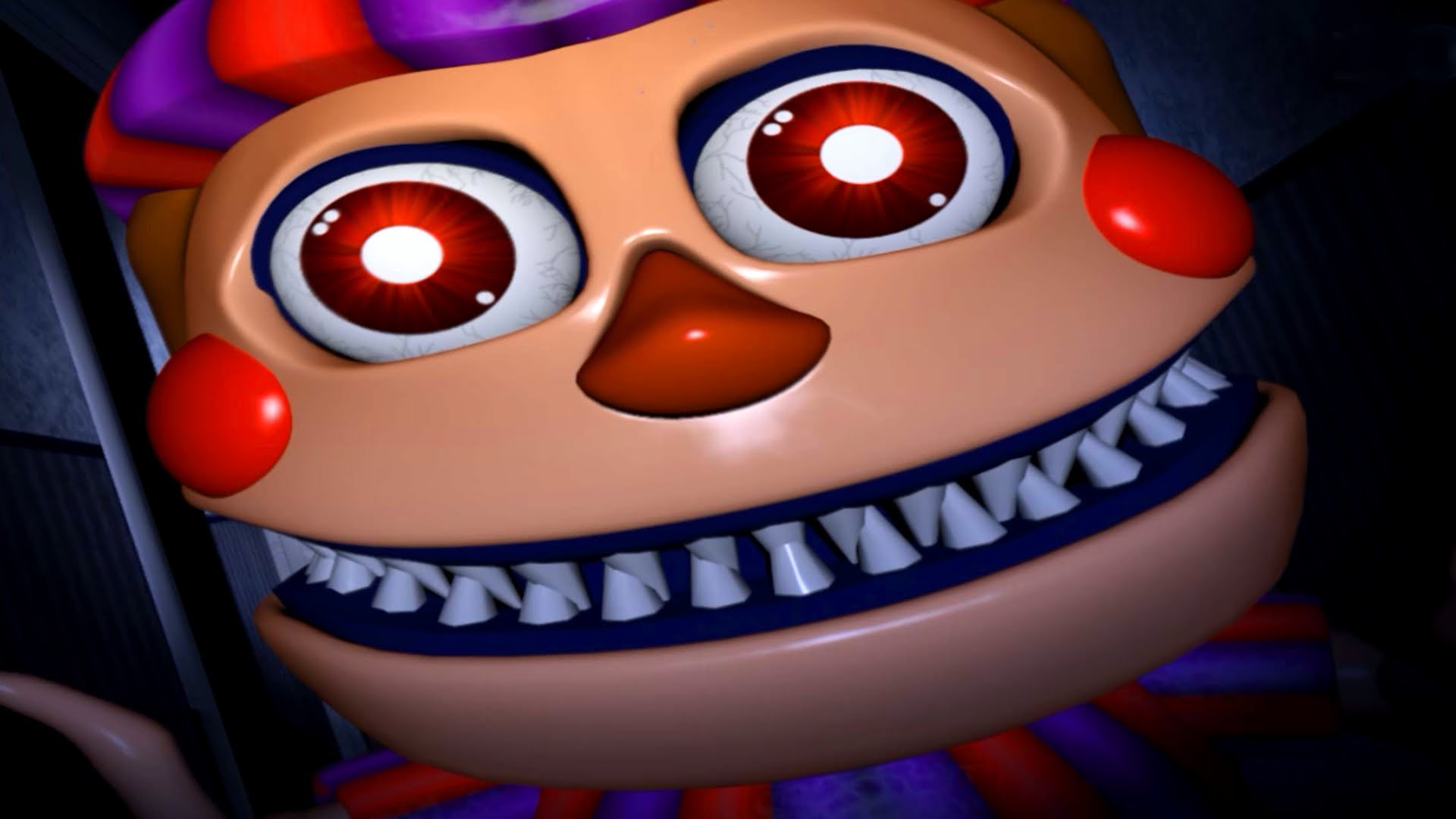Close-up of a nightmarish animatronic clown from Five Nights at Freddy's, with glowing red eyes and sharp teeth