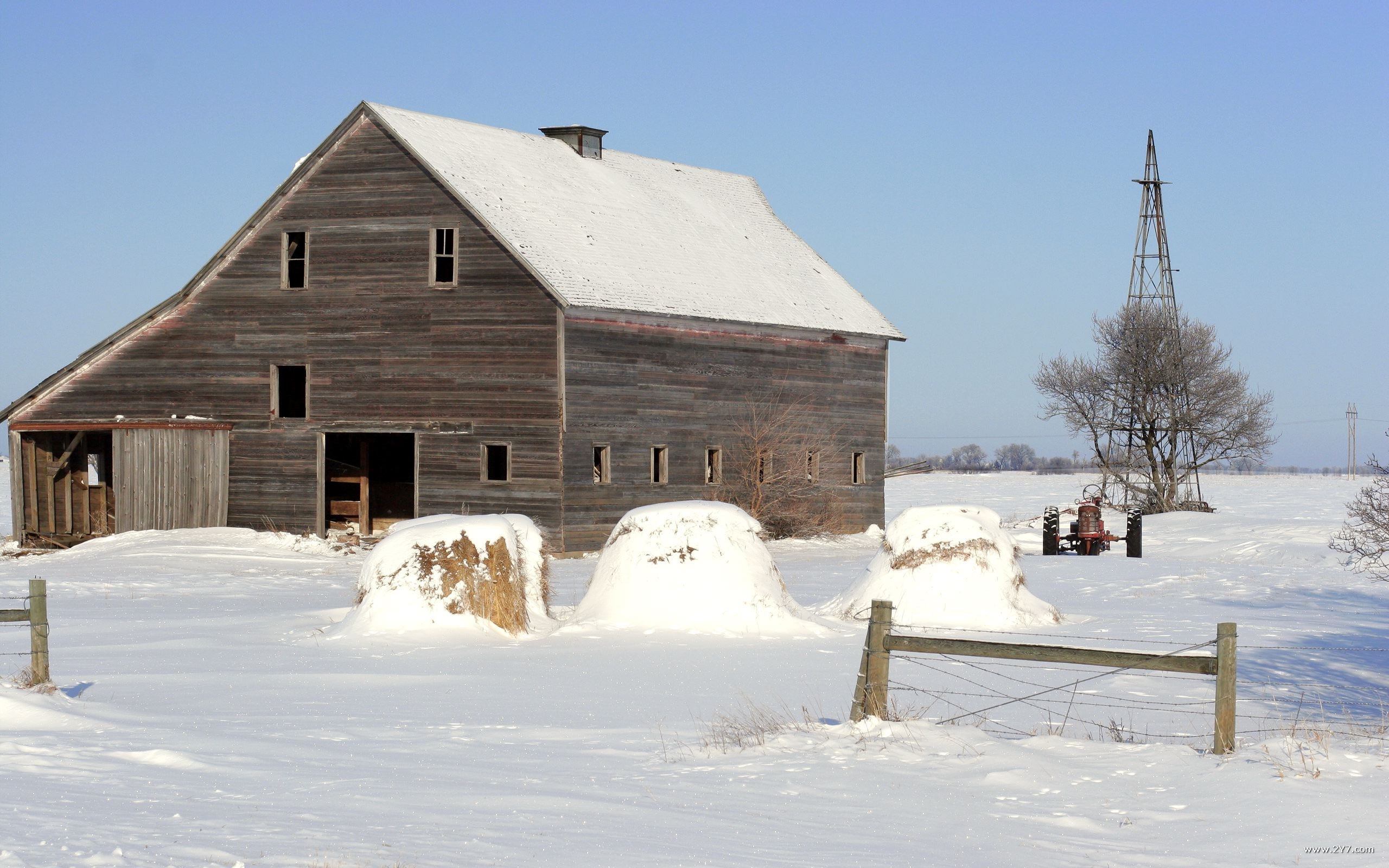 Snow Covered Barn Landscape Wallpaper