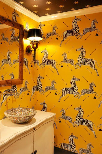 Yellow Scalamandre Zebras Wallpaper Powder Room Jpg