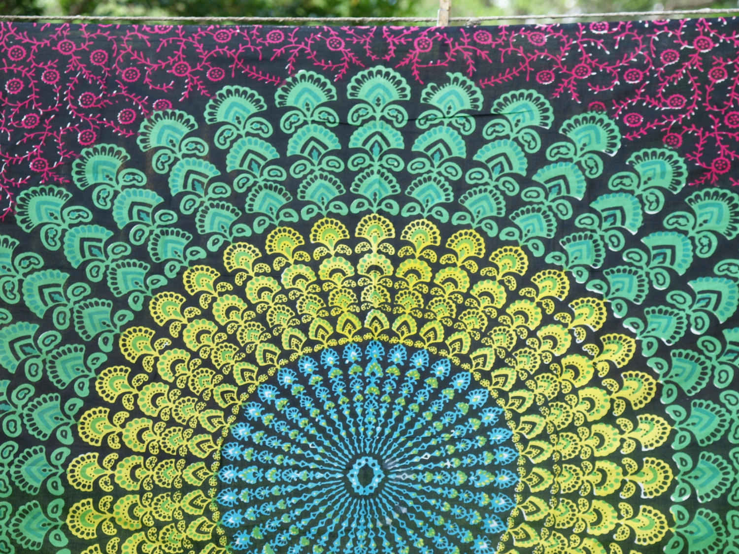 Boho Hippie Tapestry Fabric Colorful Starburst Pattern Black Velvet