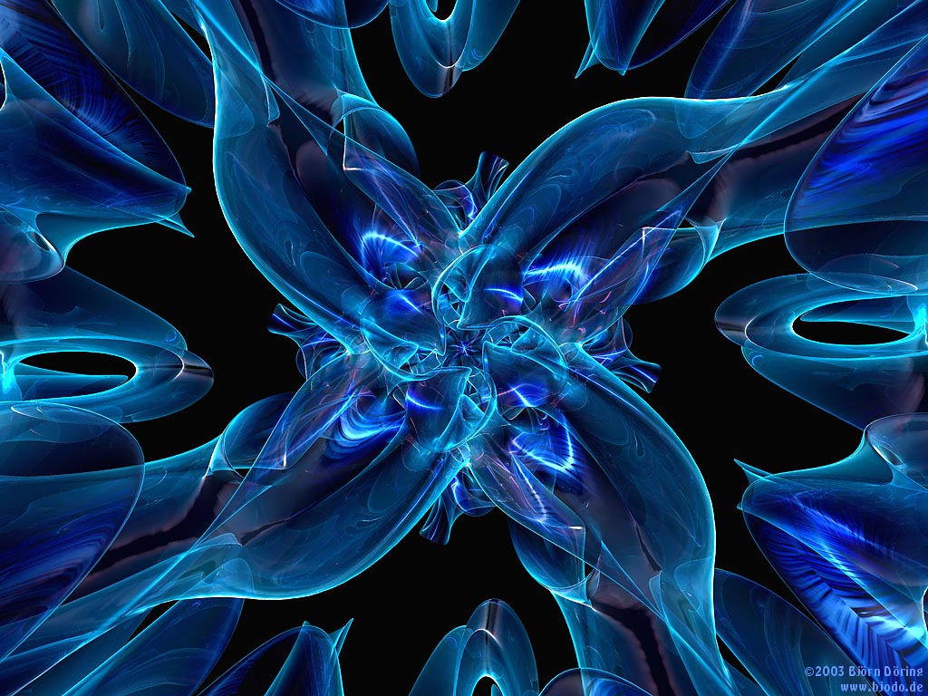 Abstract 3D wallpaper with swirling blue shapes on a black background