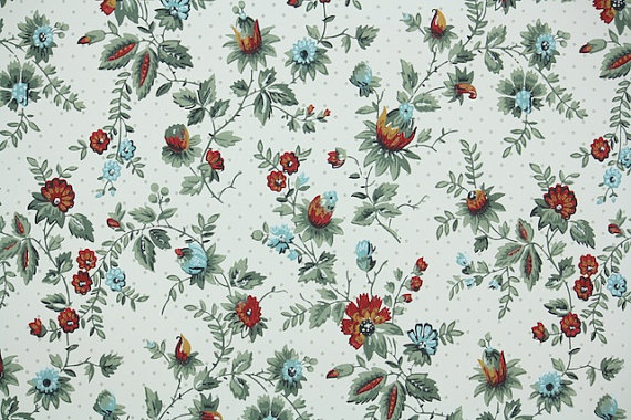 S Vintage Wallpaper Red And Blue Mini Floral With Dark Green