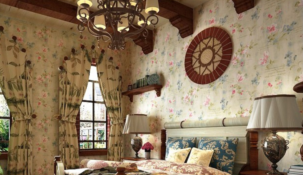 Retro country style wallpaper and pastoral curtain at new bedroom