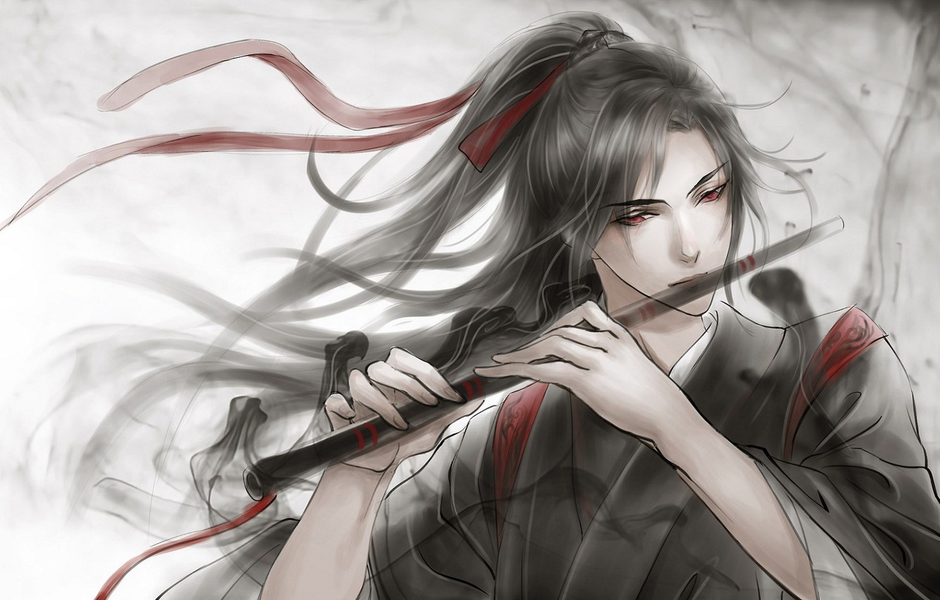 Wallpaper Grey Background Flute Red Eyes Long Hair Ribbon