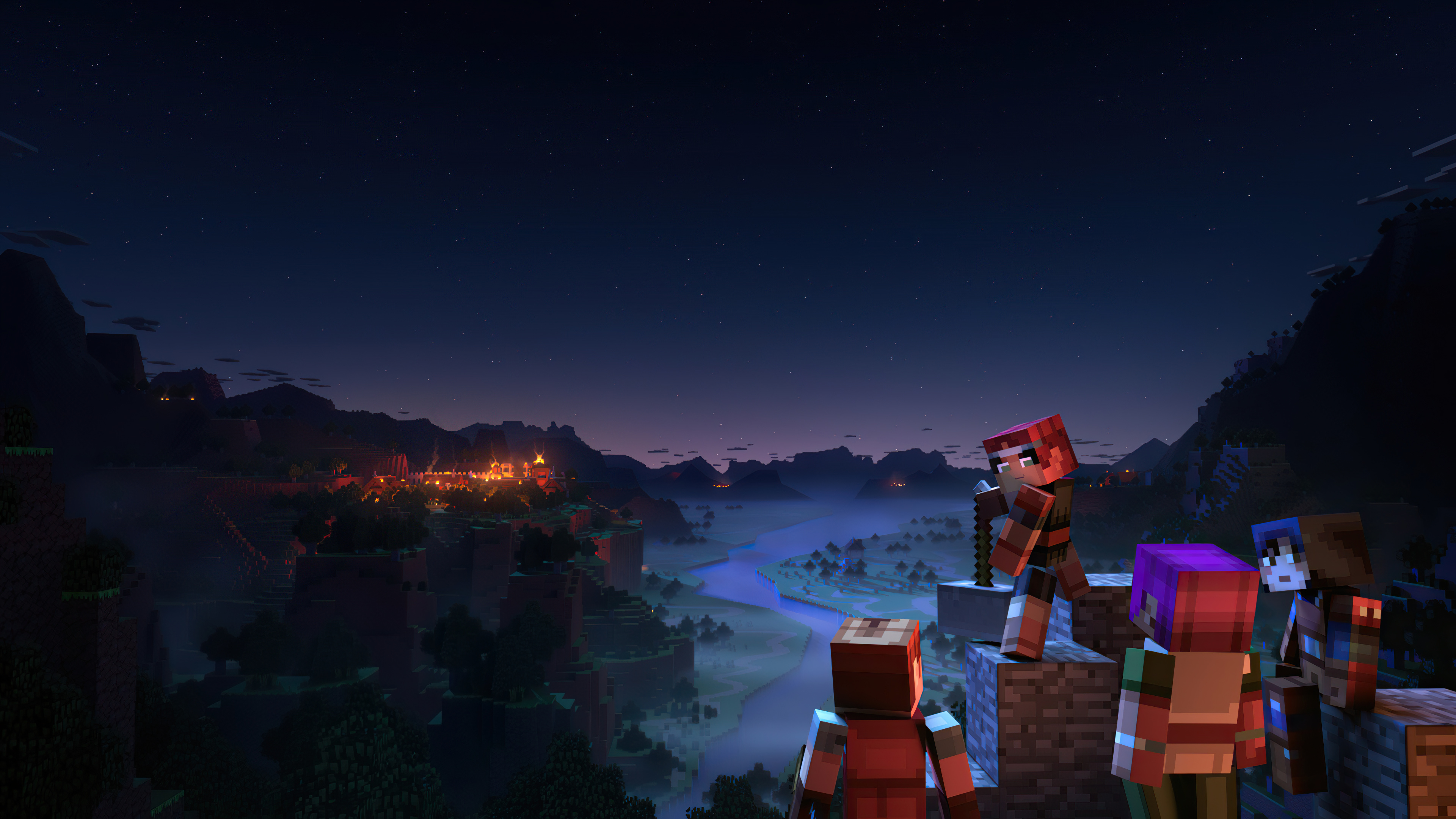 A group of Minecraft characters overlooking a vast, blocky landscape at dusk, with a distant village illuminated in the background. This 4k wallpaper captures the adventurous spirit of Minecraft on PC