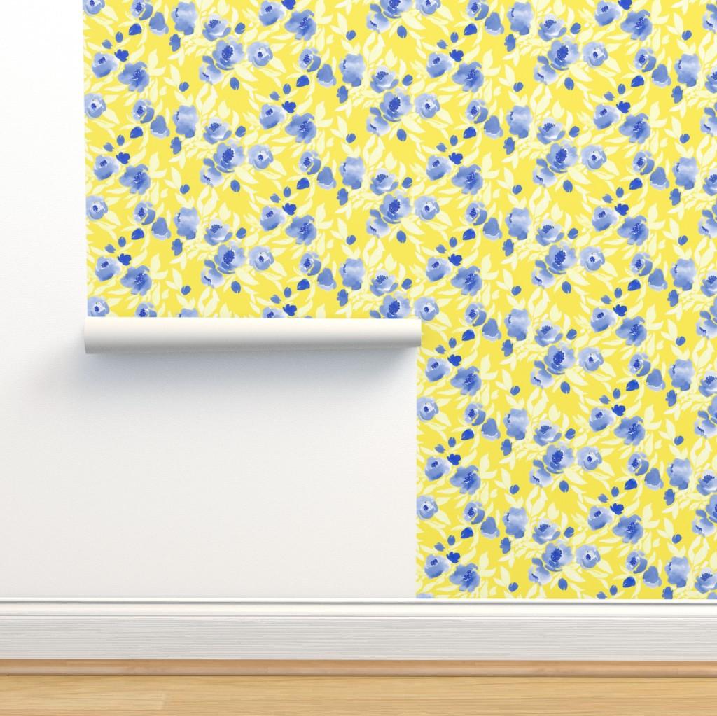 Watercolor Floral Blue Yellow Wallpaper Spoonflower