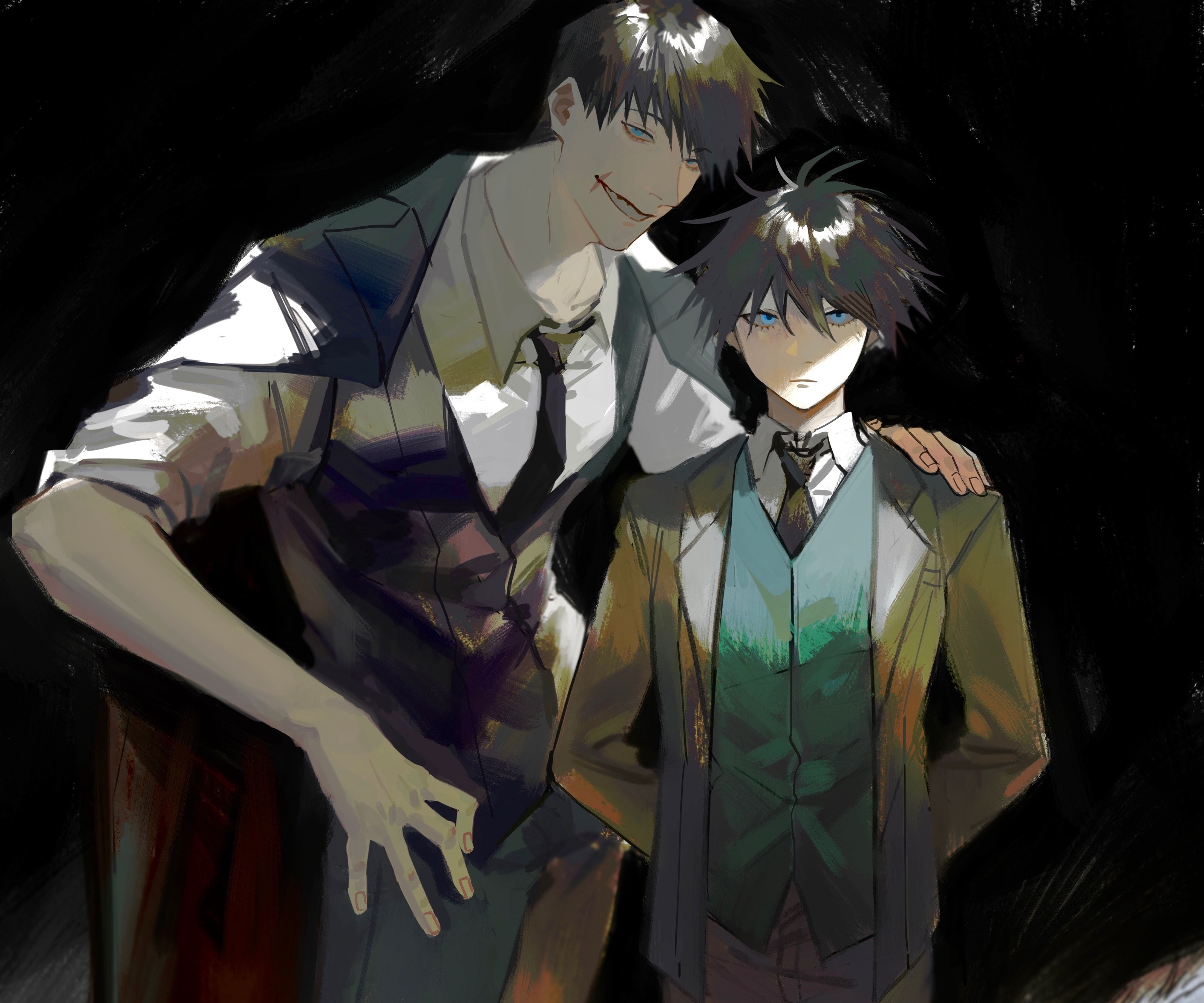 Two characters from the anime 'Jujutsu Kaisen' stand together in this dynamic fan art. The taller figure, Toji Fushiguro, has dark hair, and a sinister smile, and is dressed in a dark suit with a white open-collared shirt. The other, Megumi Fushiguro, has similarly dark hair and a stern expression. He is dressed in a muted gold jacket, teal vest, and darker teal tie, presenting a contrasting but complementary aesthetic to Toji. The dark background emphasizes the characters, creating a striking and evocative image