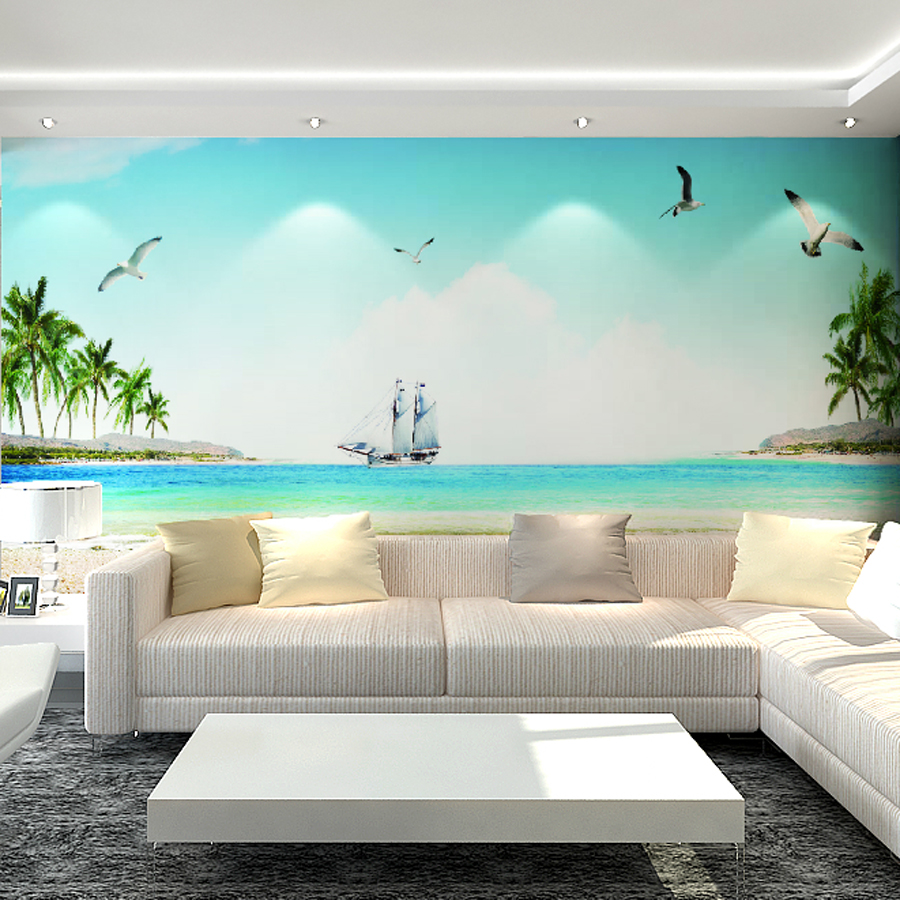 Large Mediterranean Style Wallpaper Sea Scenery Sailing Boat