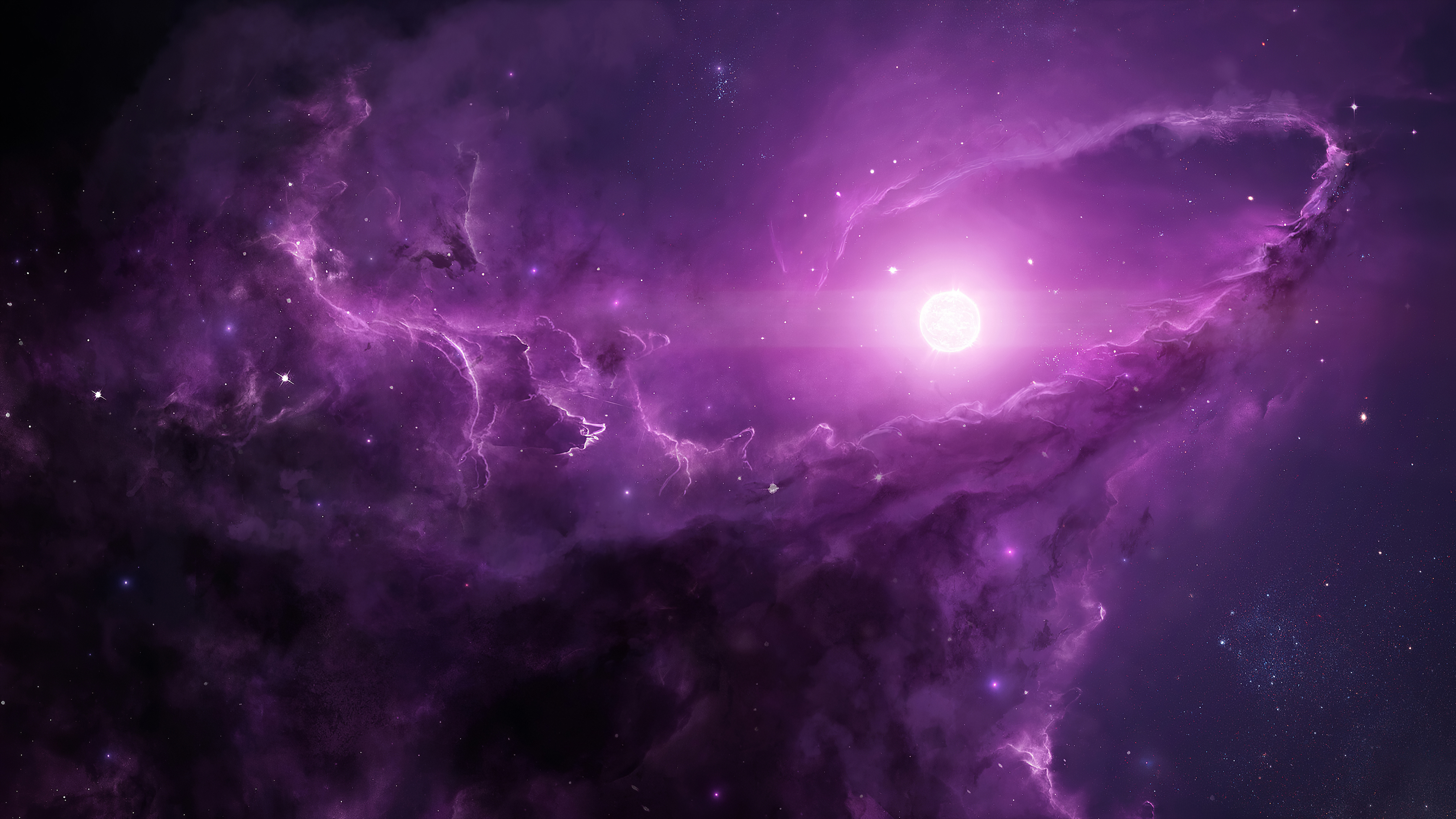 A stunning 4k wallpaper of a purple nebula in space, featuring a bright star and swirling cosmic dust clouds