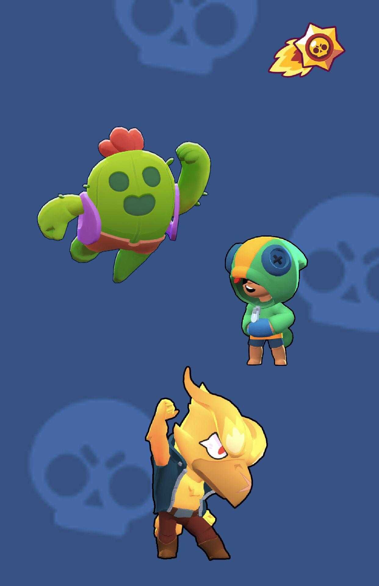 Brawl Stars characters Spike, Leon, and Phoenix Crow on a blue background