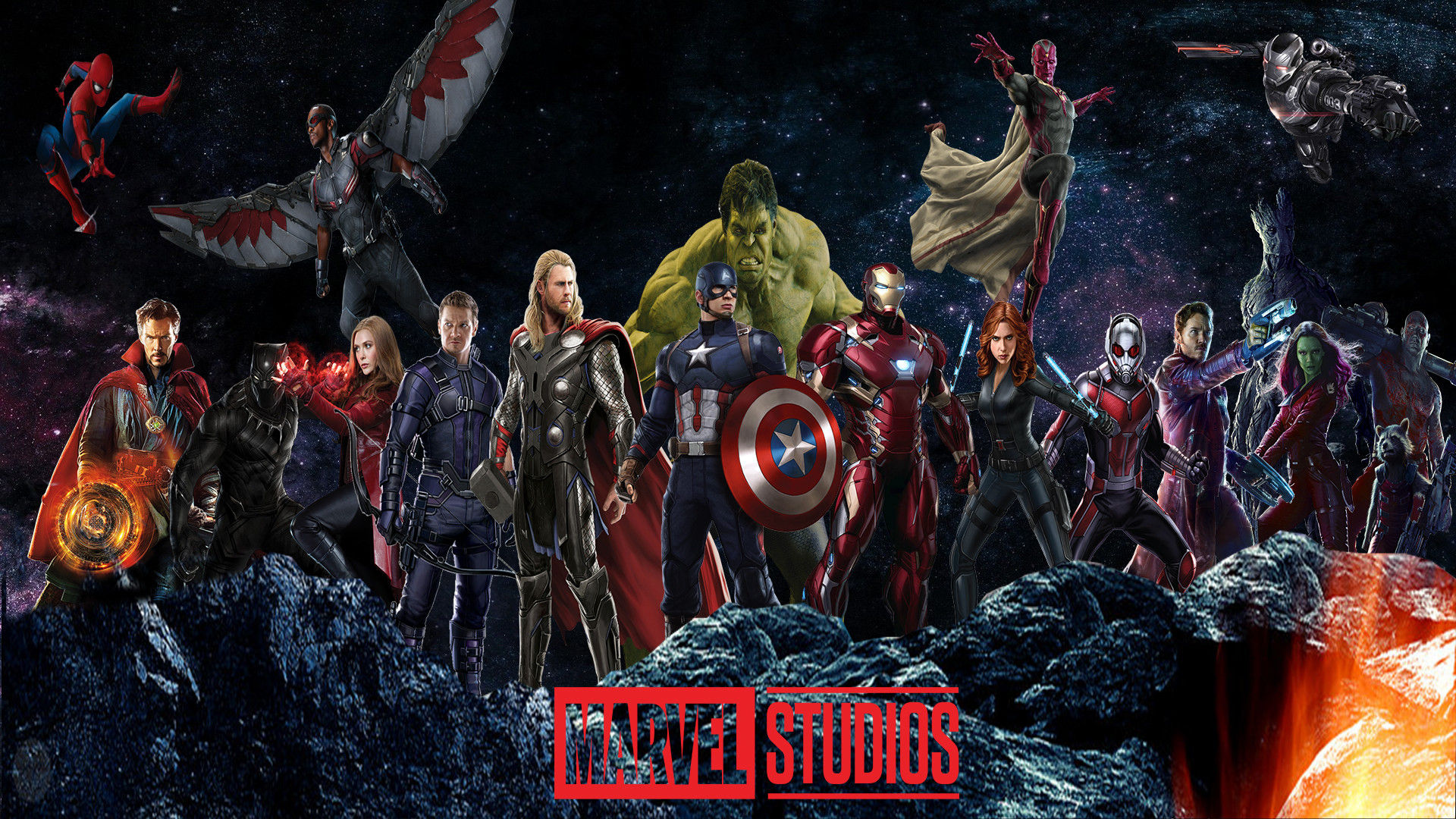 A collage of Marvel superheroes, including Spider-Man, Captain America, Thor, Iron Man, Hulk, Black Widow, Hawkeye, Doctor Strange, Scarlet Witch, Black Panther, Vision, Ant-Man, Falcon, War Machine, Star-Lord, Gamora, Groot, Rocket, and Drax