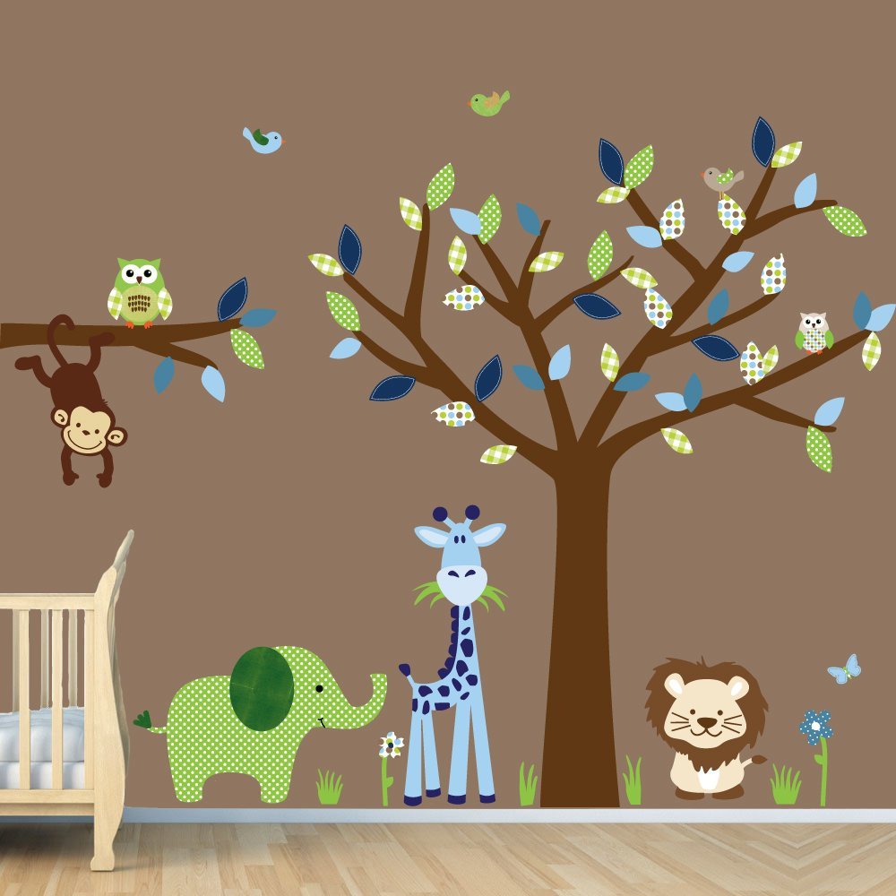 Childrens Jungle Wall Decals Nursery Room Decoration Green Elephant