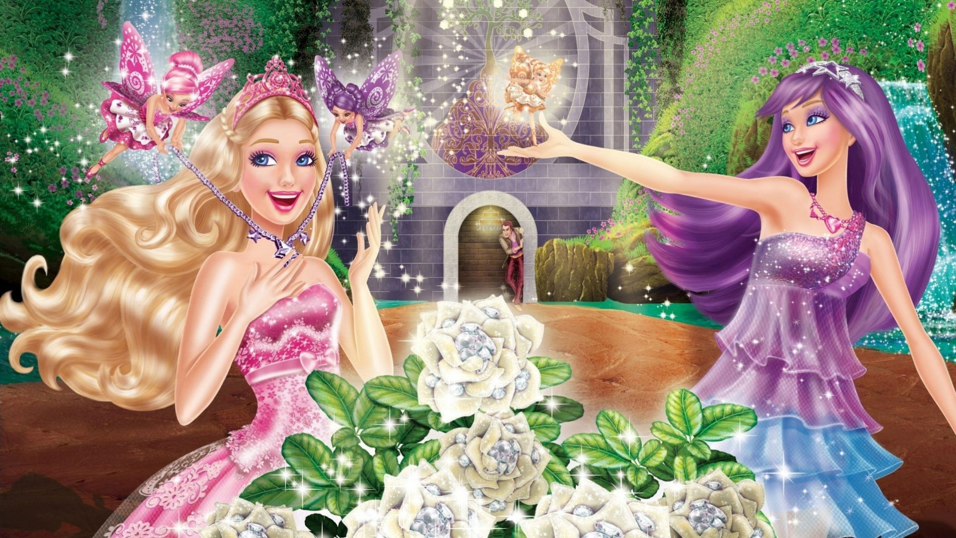 Barbie and her friend in a magical garden, surrounded by diamond roses, from Barbie Princess Charm School