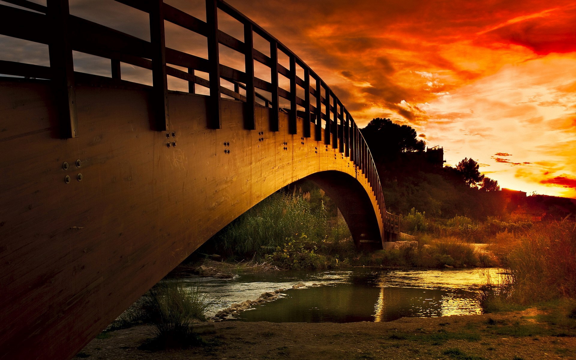 Nice Super Bridge On River And Sunset Wallpaper HD