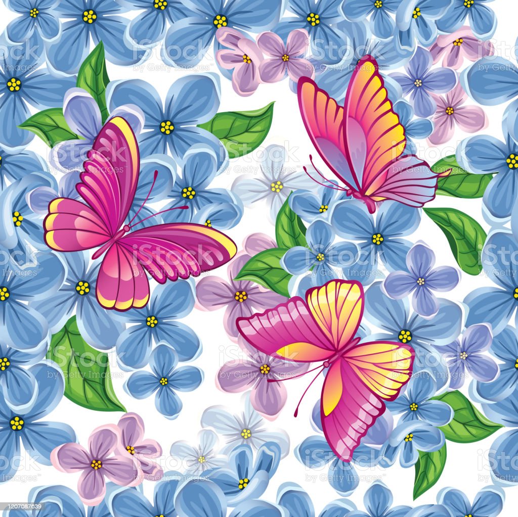 Beautiful Background With Drawn Blue Flowers And Butterfly