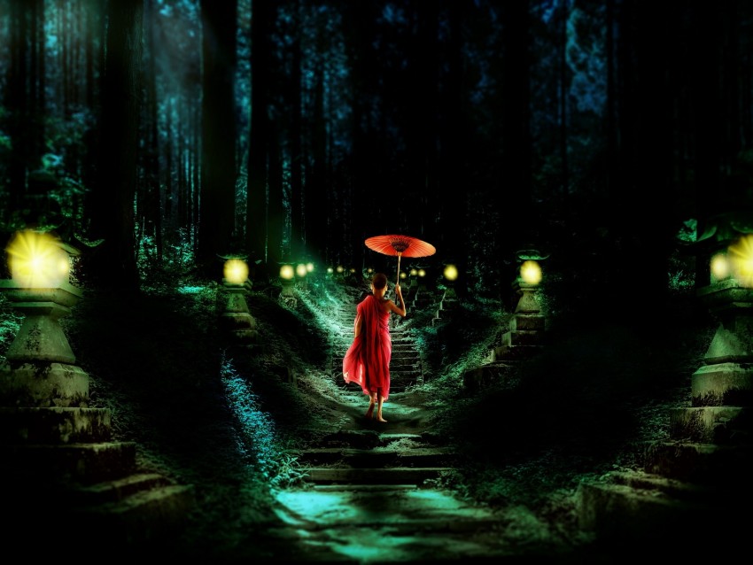 Boy Monk Stairs Night Child Umbrella Buddhism Background