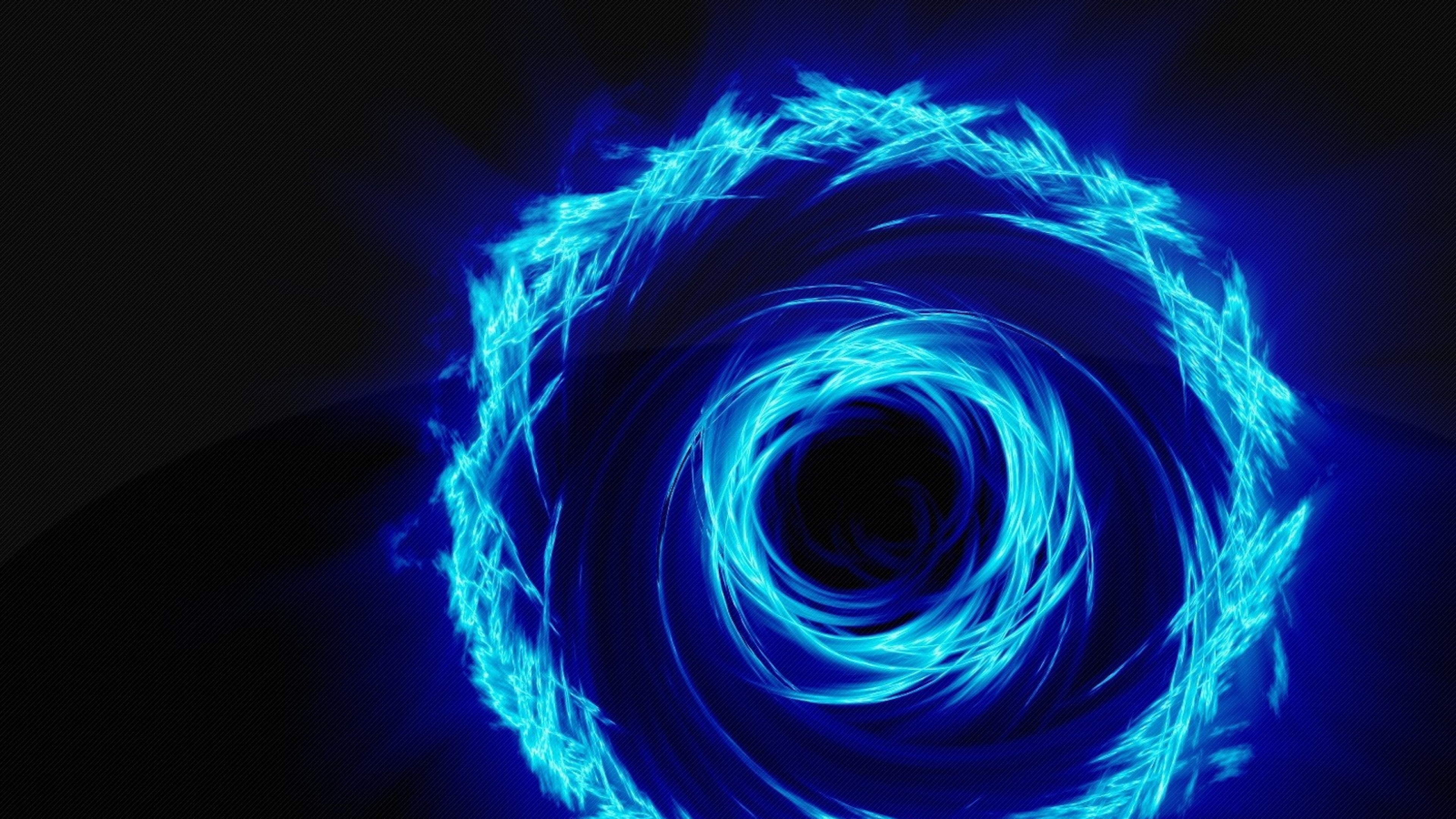 Abstract neon blue swirl on a dark background, resembling a portal or energy vortex