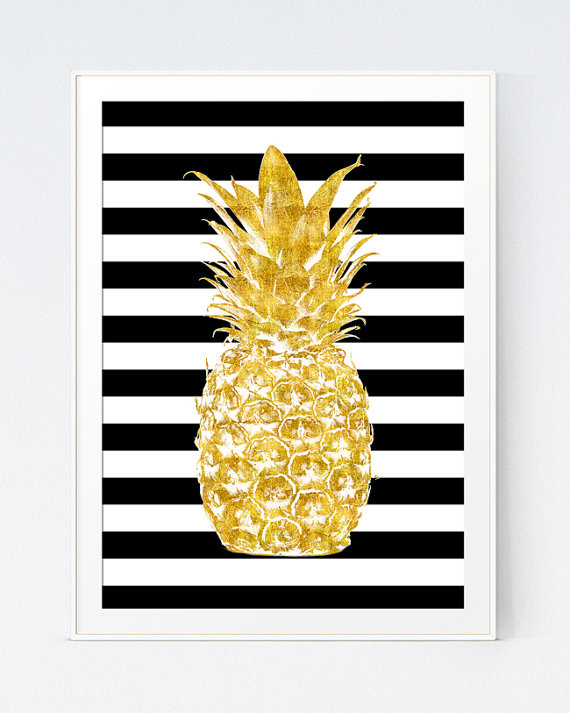 Pineapple Gold Print With Black Stripes Background Printable Digital