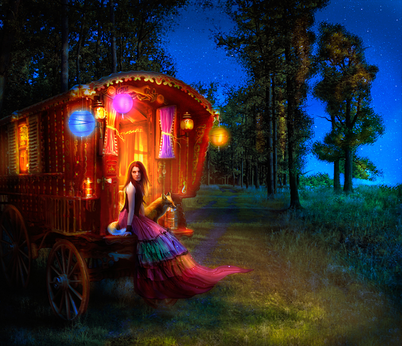 Paintings Gypsy Wagons Foxes HD Wallpaper