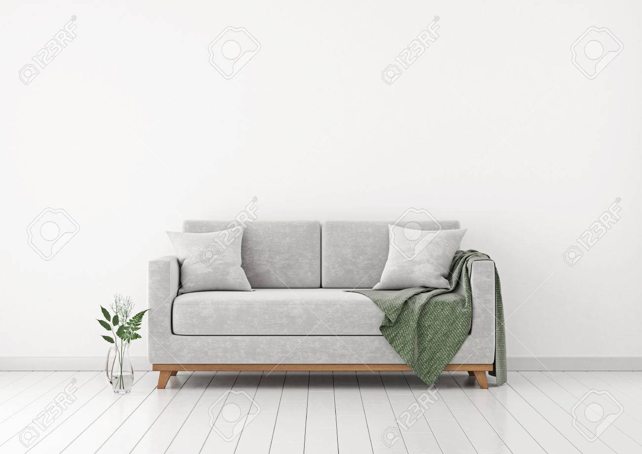Interior With Sofa Plants And Plaid On Empty White Wall