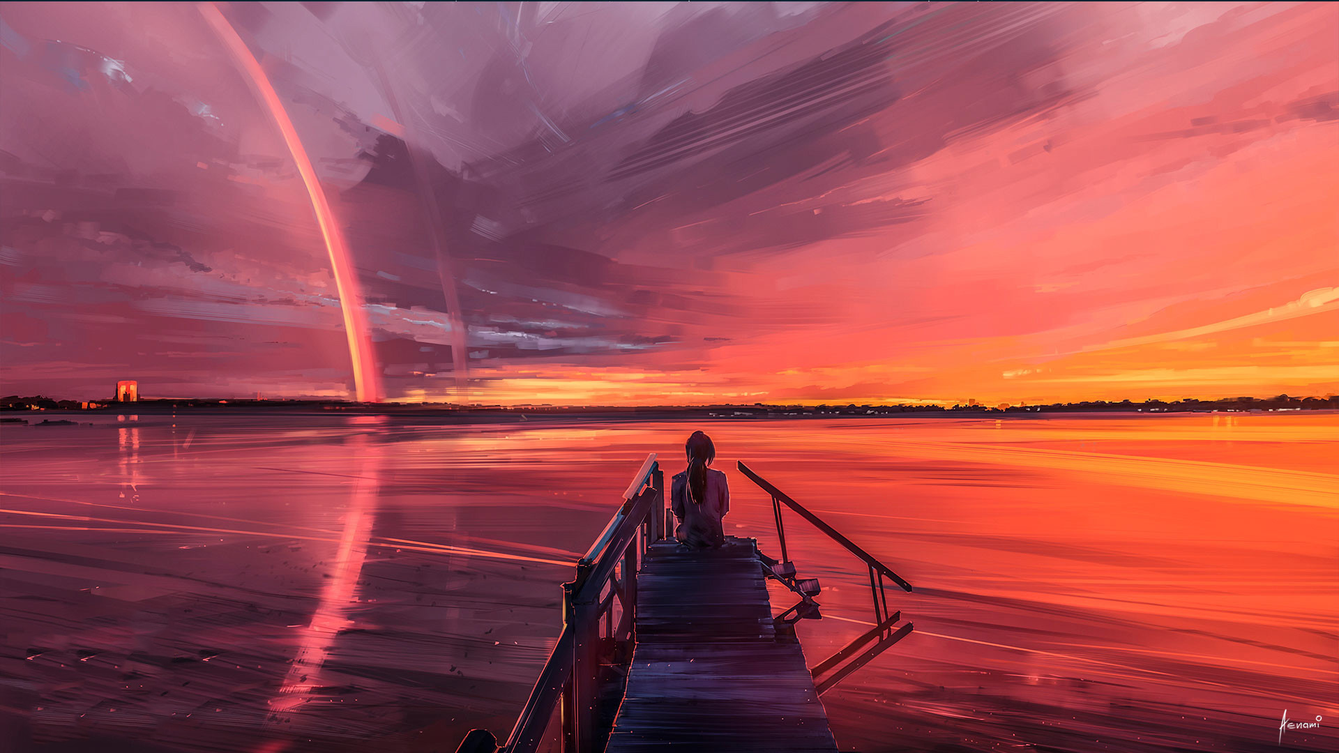 Alone Girl Sitting On Pier Side Wallpaper HD Artist 4k Image