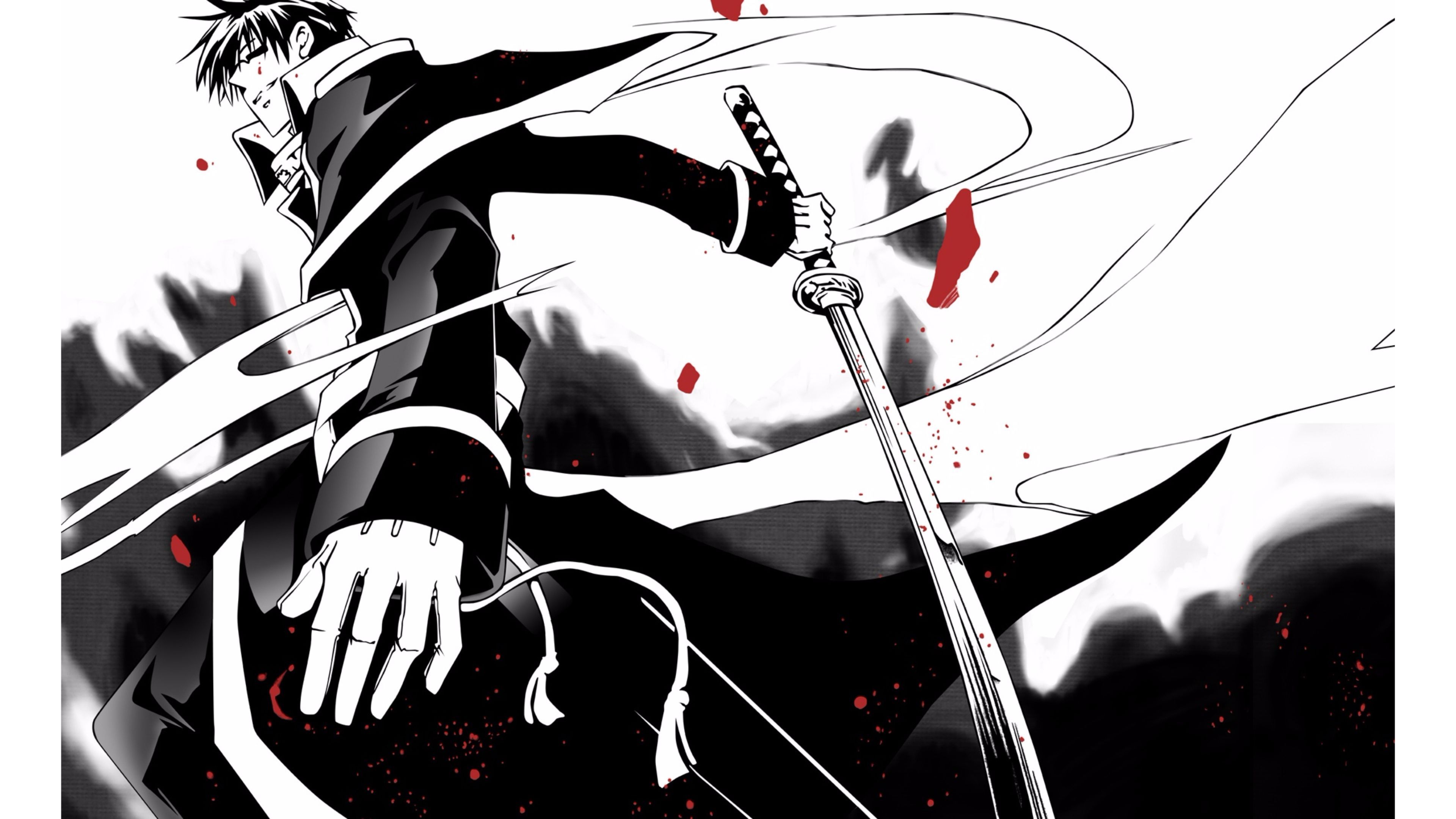A dynamic anime character in a dramatic black outfit wields a katana against a backdrop of swirling lines and red accents, evoking action and intensity