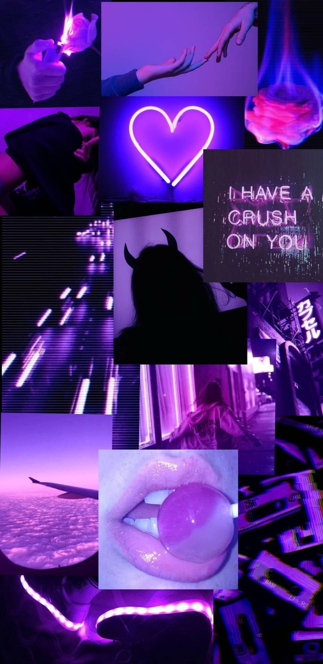 A collage of purple-themed images, including neon lights, a devil silhouette, and a confession of love