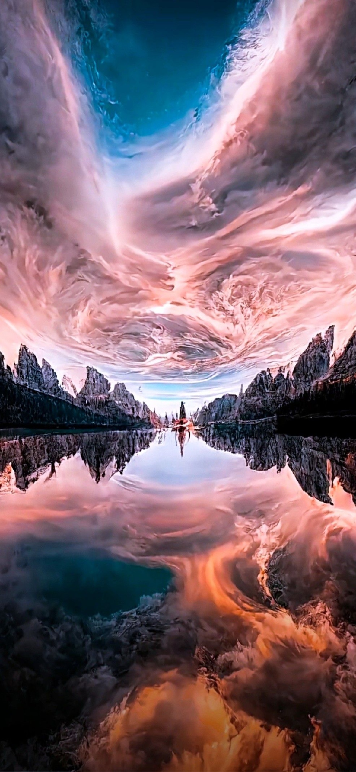 Stunning 4K iPhone Pro wallpaper featuring a surreal landscape with dramatic pink and blue clouds reflected in a pristine lake nestled amidst rugged mountains