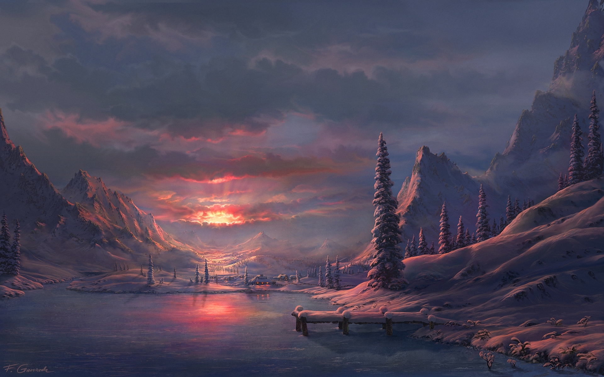 Art Winter Mountain Lake Sunrise Wallpaper