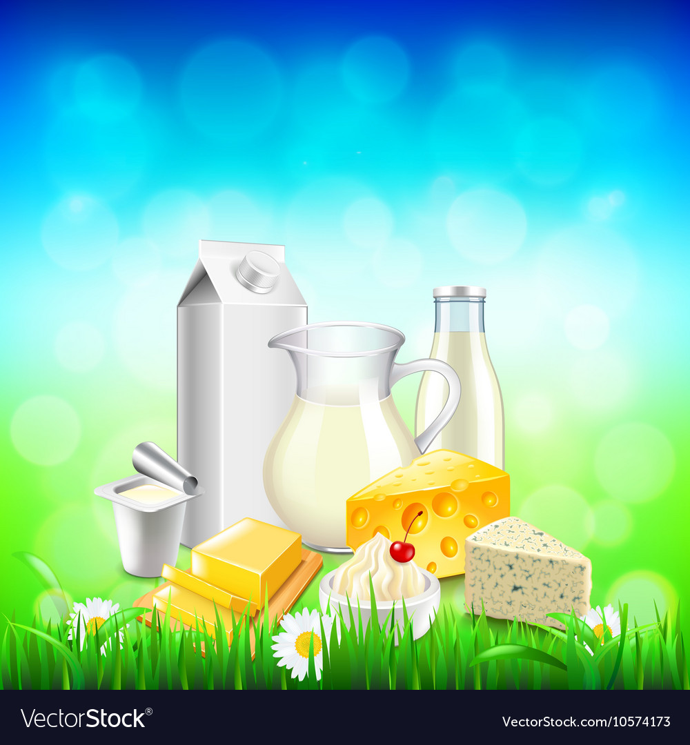 Dairy Products On Green Grass Blue Sky Background Vector Image