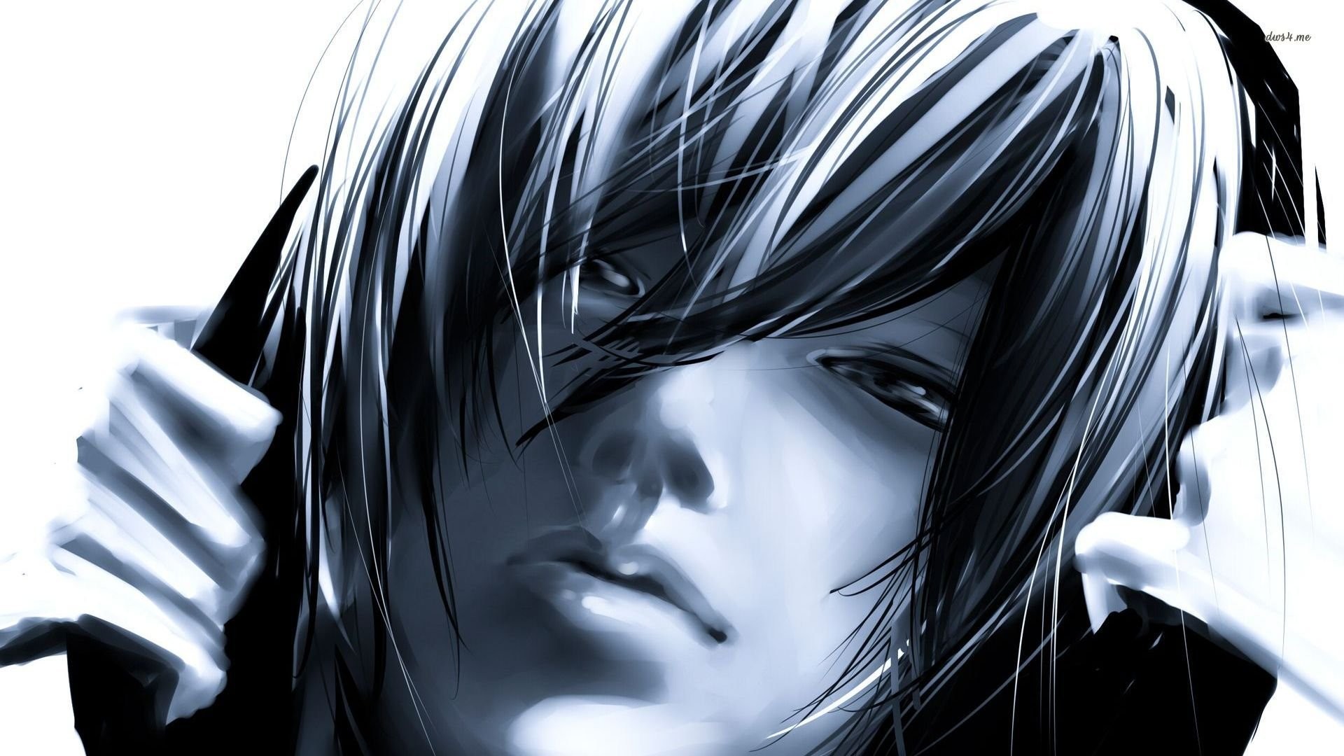 A cool, emotive anime-style illustration of a boy with dark hair partially covering his face