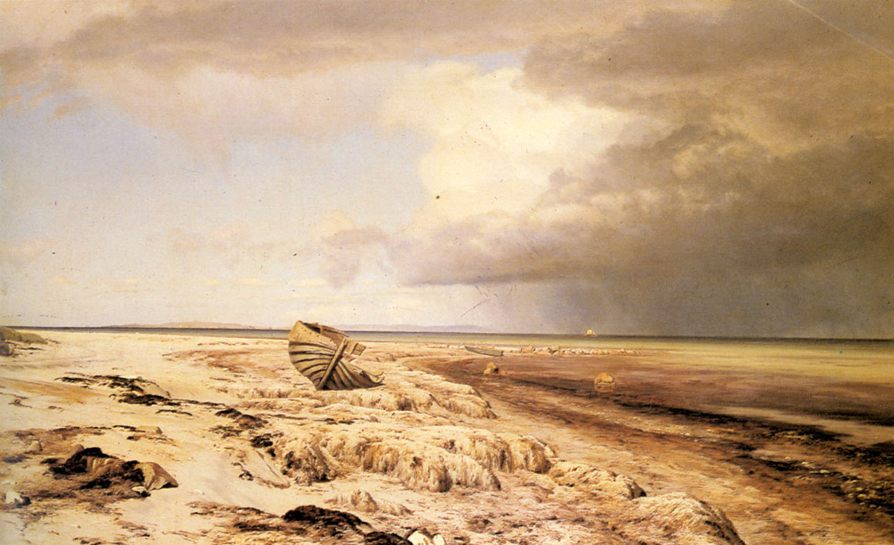 Deserted Boat On A Beach Danish Art Wallpaper Image