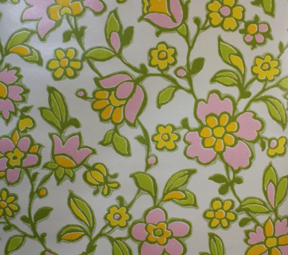 1970s Vintage Wallpaper Pretty Pink Green and Yellow Spring floral on 570x504
