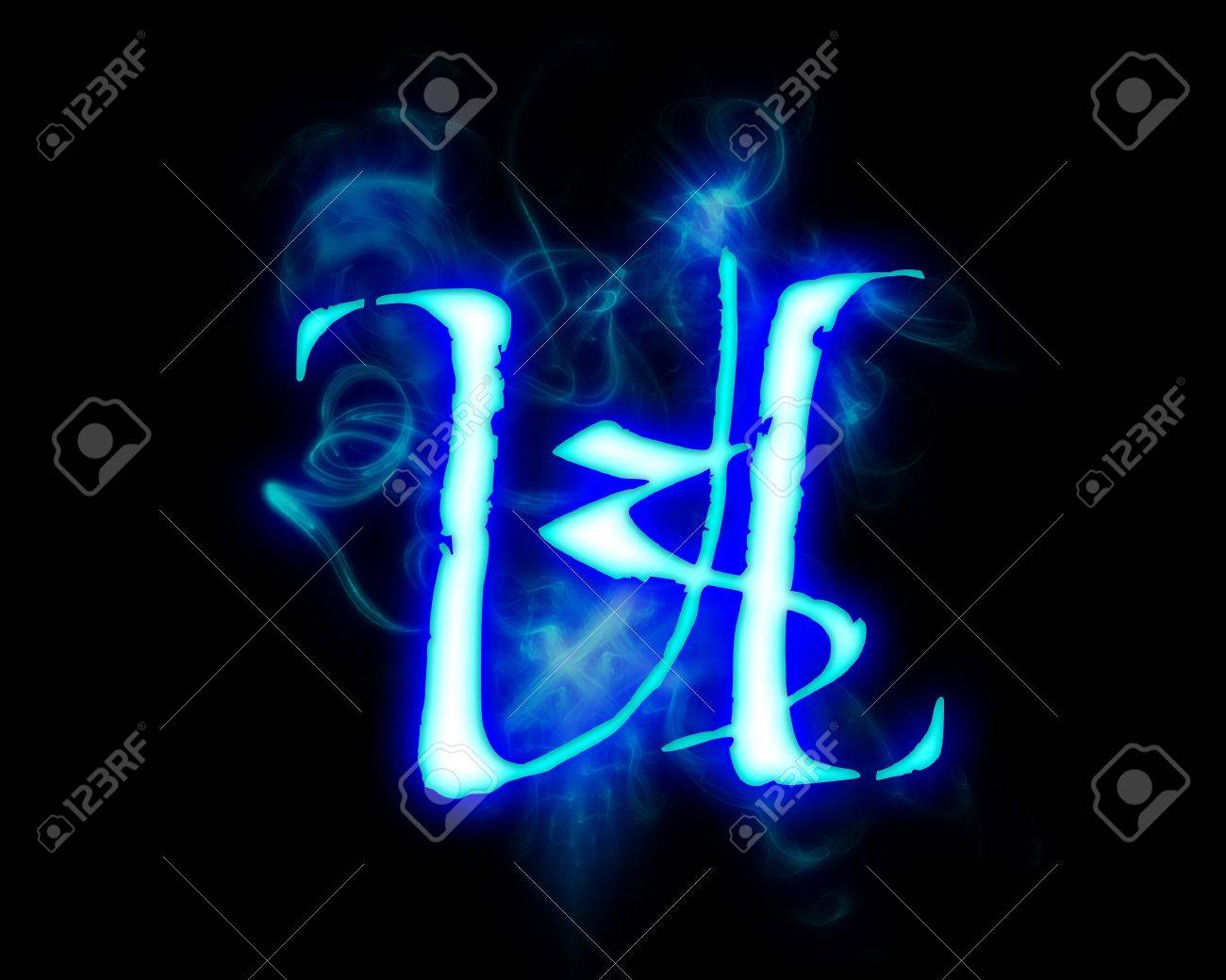 Blue Flame Magic Font Over Black Background Letter U Stock Photo