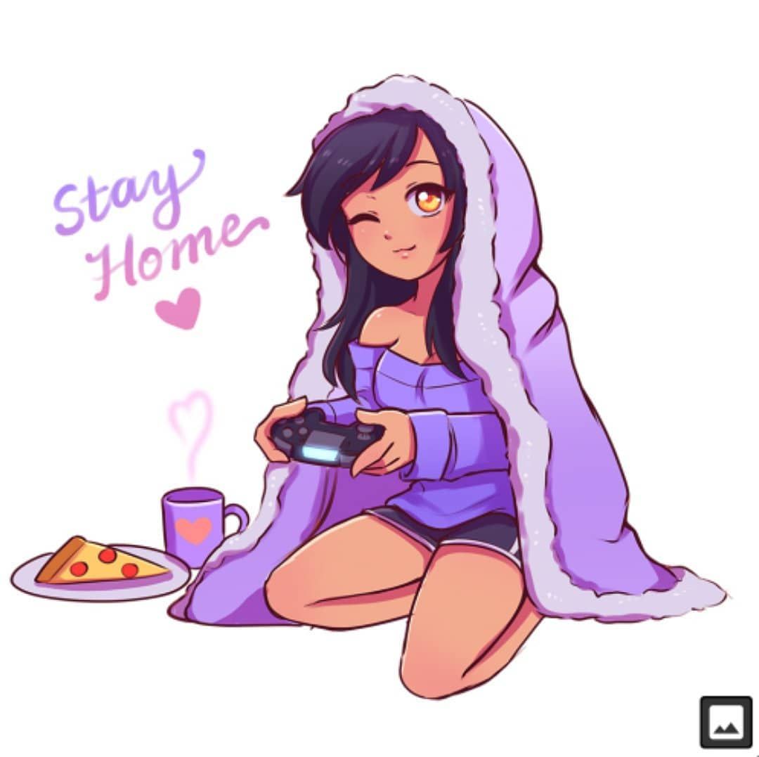 A stylized cartoon drawing of Aphmau, a popular YouTuber and voice actress, enjoying a cozy night in. She is wrapped in a purple blanket, playing video games with a slice of pizza and a warm drink nearby