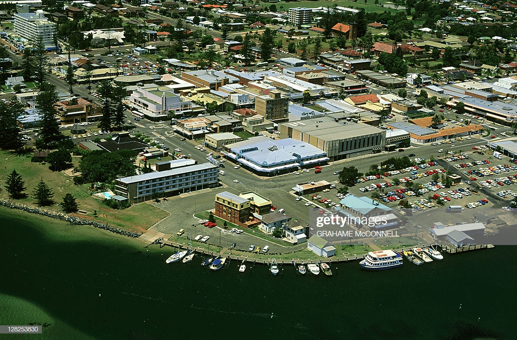 Aerial Of Port Macquarie Main Wharf In Background Nsw Stock Photo