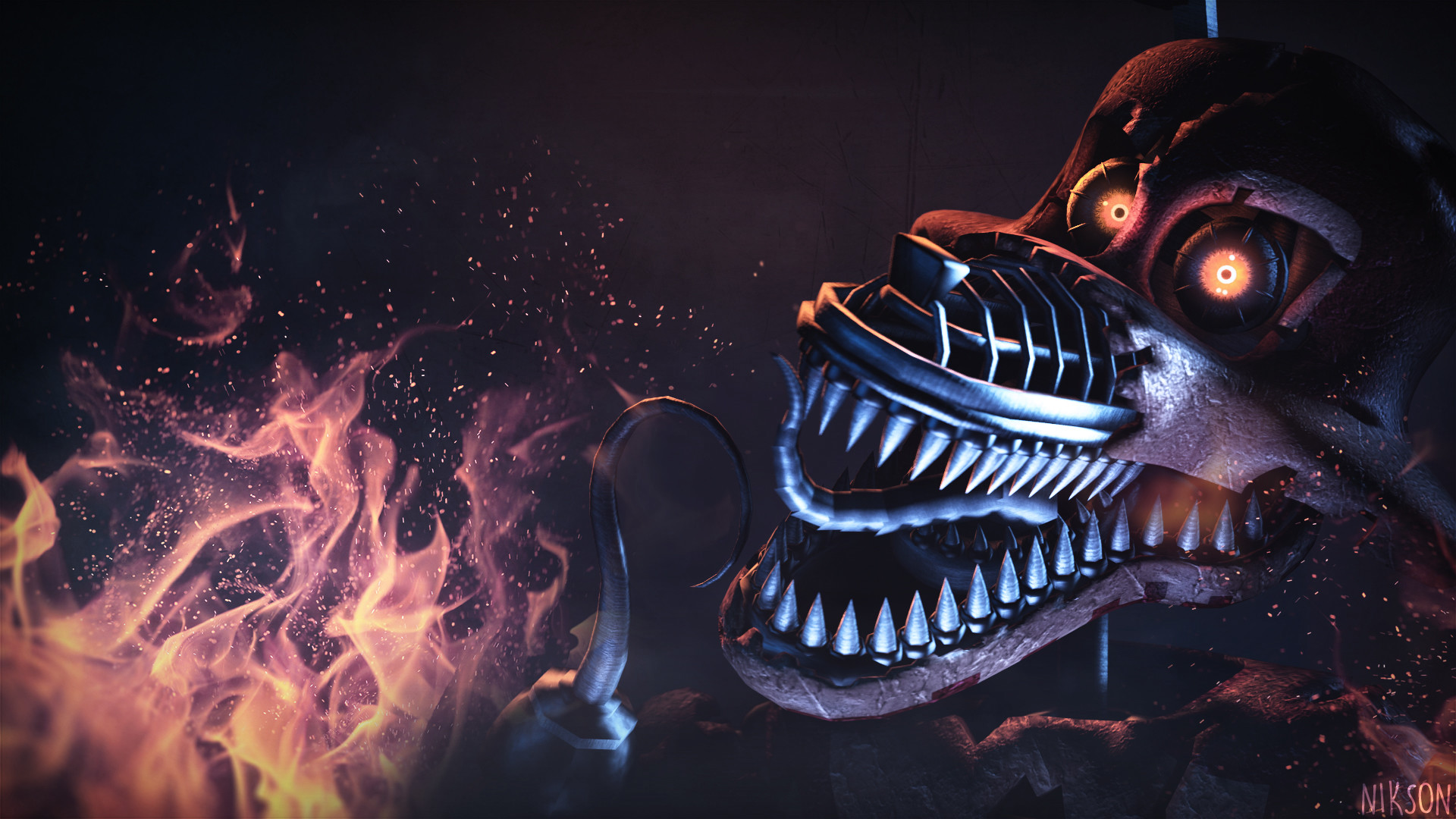 A menacing, close-up render of Nightmare Foxy from the Five Nights at Freddy's series, teeth bared and eyes glowing against a backdrop of fire and shadow