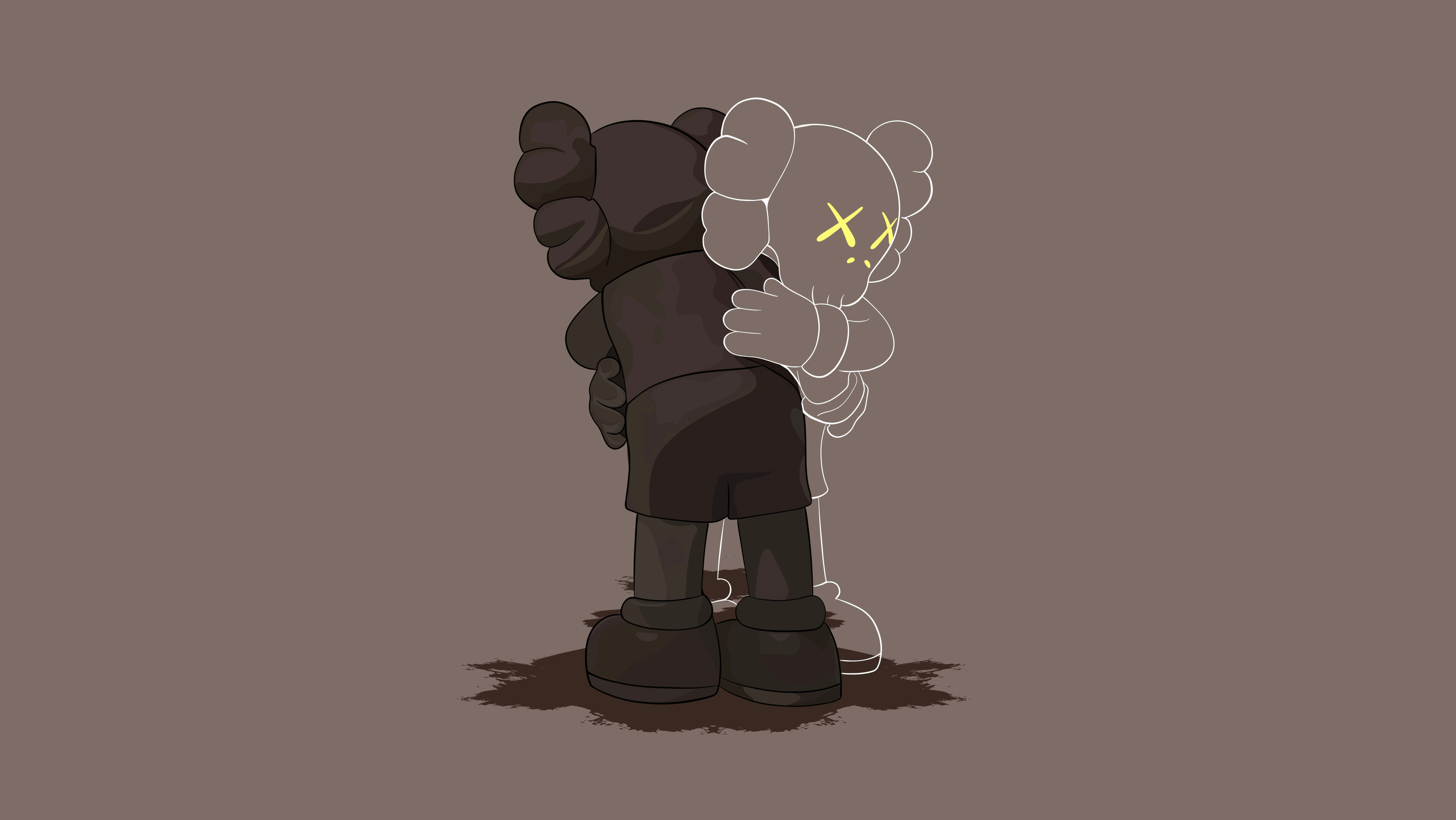 A dark, minimalist rendering of a Kaws Companion figure embracing a ghostly, glowing outline of itself against a muted brown backdrop