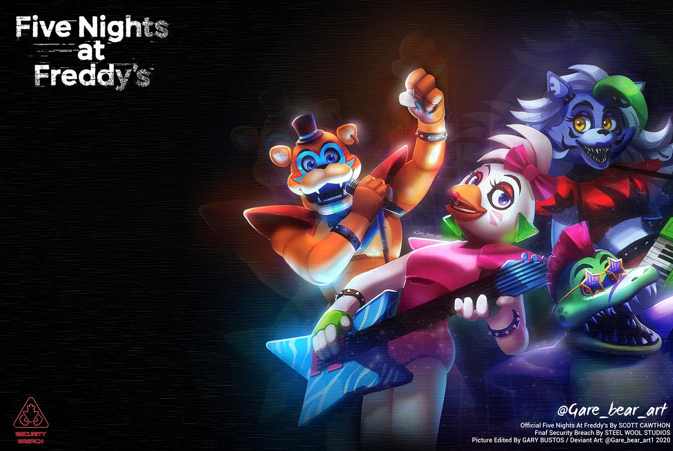 Glamrock animatronics from Five Nights at Freddy's: Security Breach performing on stage. Glamrock Freddy sings, Glamrock Chica plays the guitar, Roxanne Wolf plays the keytar, and Montgomery Gator plays the bass guitar