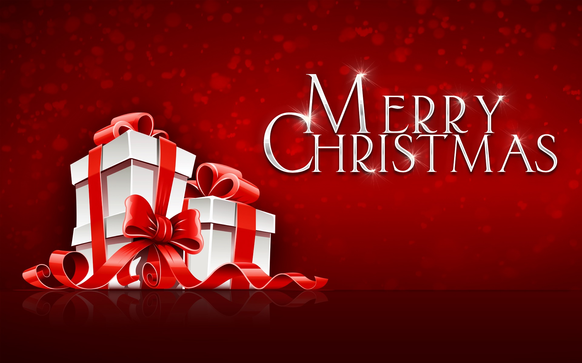 Merry Christmas greeting with white gift boxes and red ribbons on a sparkly red background